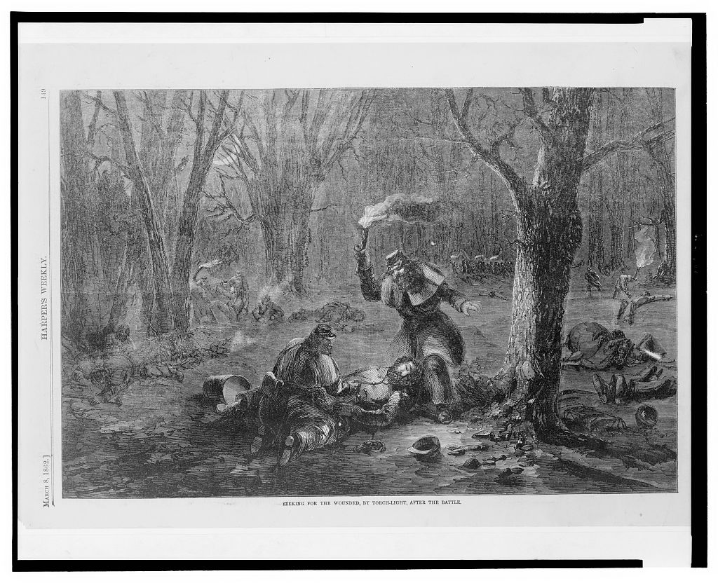 Looking for Union wounded by torchlight in Winter weather.  The bitter cold at Fort Donelson killed many battlefield casualties.