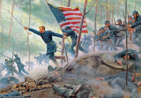 Col. Chamberlain leads the charge of the 20th Maine at Little Round Top on July 2, 1863 by Mort Kunstler