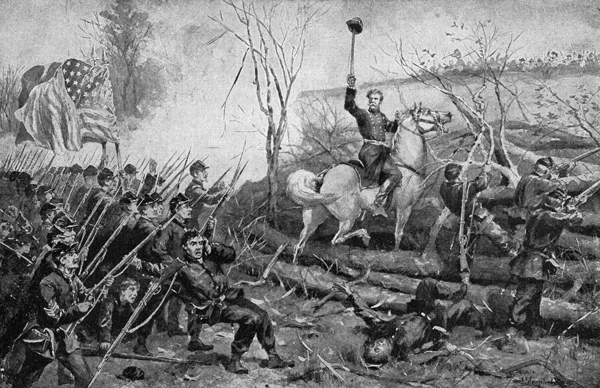 Storming Fort Donelson by Union troops.  In truth, Grant began the siege without enough troops to take the fort by storm.