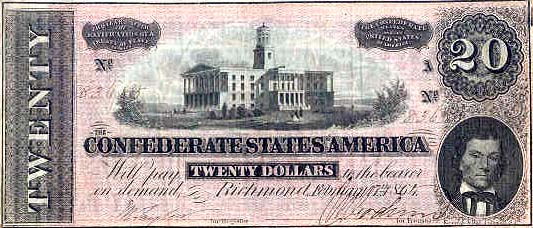 A Confederate $20 bill showing the Tennessee state capitol; ironically not issued until after the city fell to the Yankees.