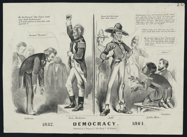 A political cartoon from the time of the Civil War, comparing the Nullification Crisis to the Secession Crisi and Civil War. 