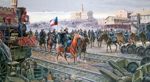 "Order Out of Chaos" by Mort Kunstler.  Nathan Bedford Forrest, refusing to surrender at Fort Donelson, arrived in Nashville to find it had been hastily abandoned by the governor and paniced Rebel troops.  He salvaged munitions, tried to prevent looting and then burned what military stores could not be saved.  